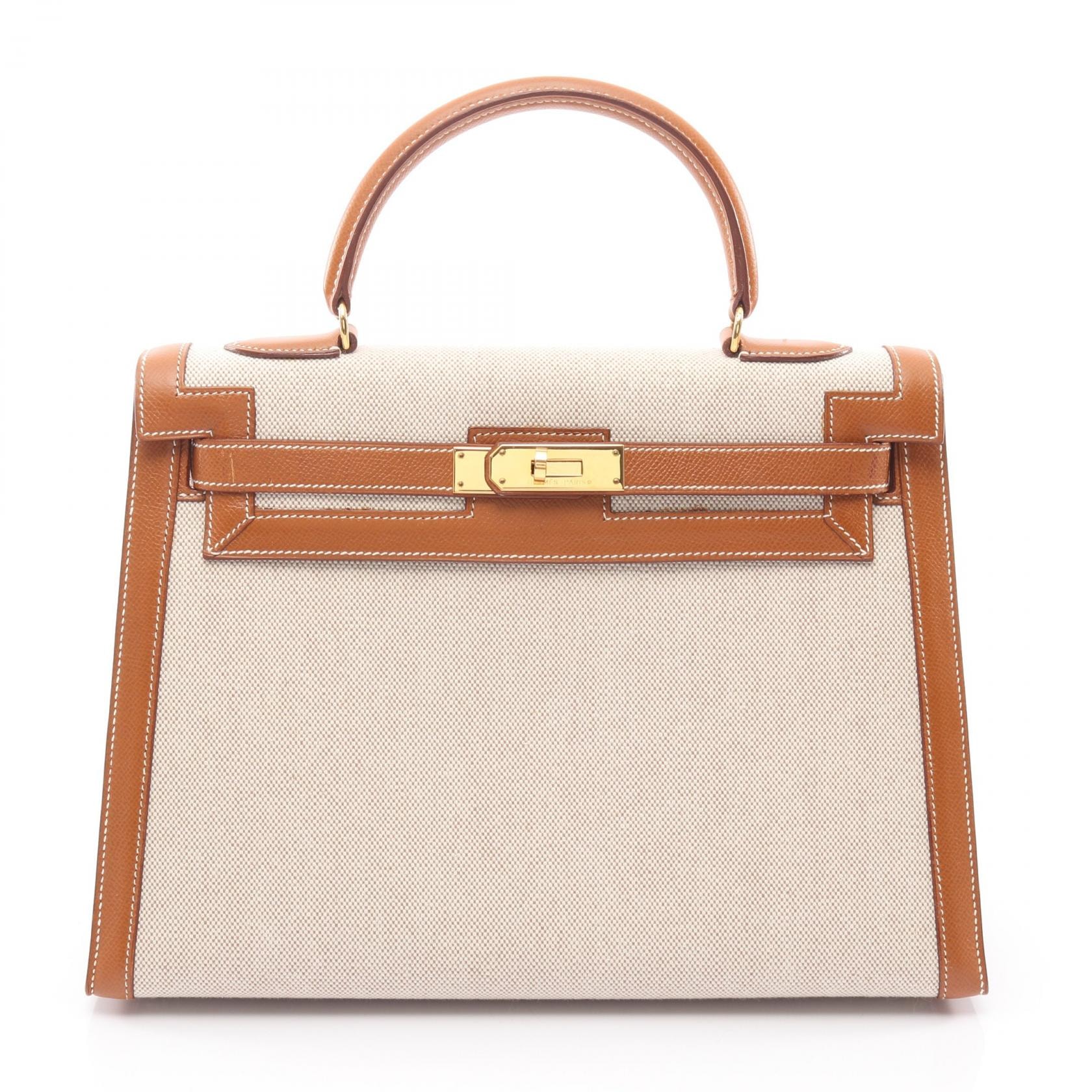 エルメス HERMES ケリー32 ハンドバッグ バッグ キャンバス レザー トワルアッシュ / クシュベル トワルアッシュ エクリュ ○U刻印(1991年製造) レディース ベージュ系 / ブラウン系 / ゴールド 【中古】