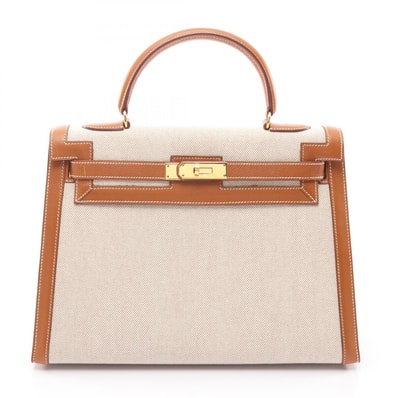 エルメス HERMES ケリー32 ハンドバッグ バッグ キャンバス レザー トワルアッシュ / クシュベル トワルアッシュ エクリュ ○U刻印(1991年製造) レディース ベージュ系 / ブラウン系 / ゴールド 【中古】