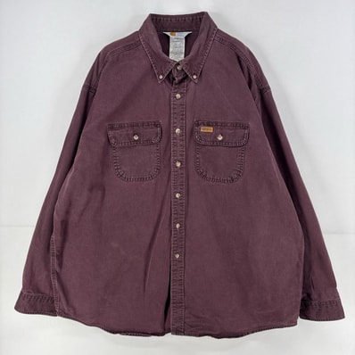 古着 カーハート Carhartt 長袖シャツ ロゴ 作業着 胸ポケット ワーク ボタンダウン 大きいサイズ 2XL ワインレッド系 メンズ
