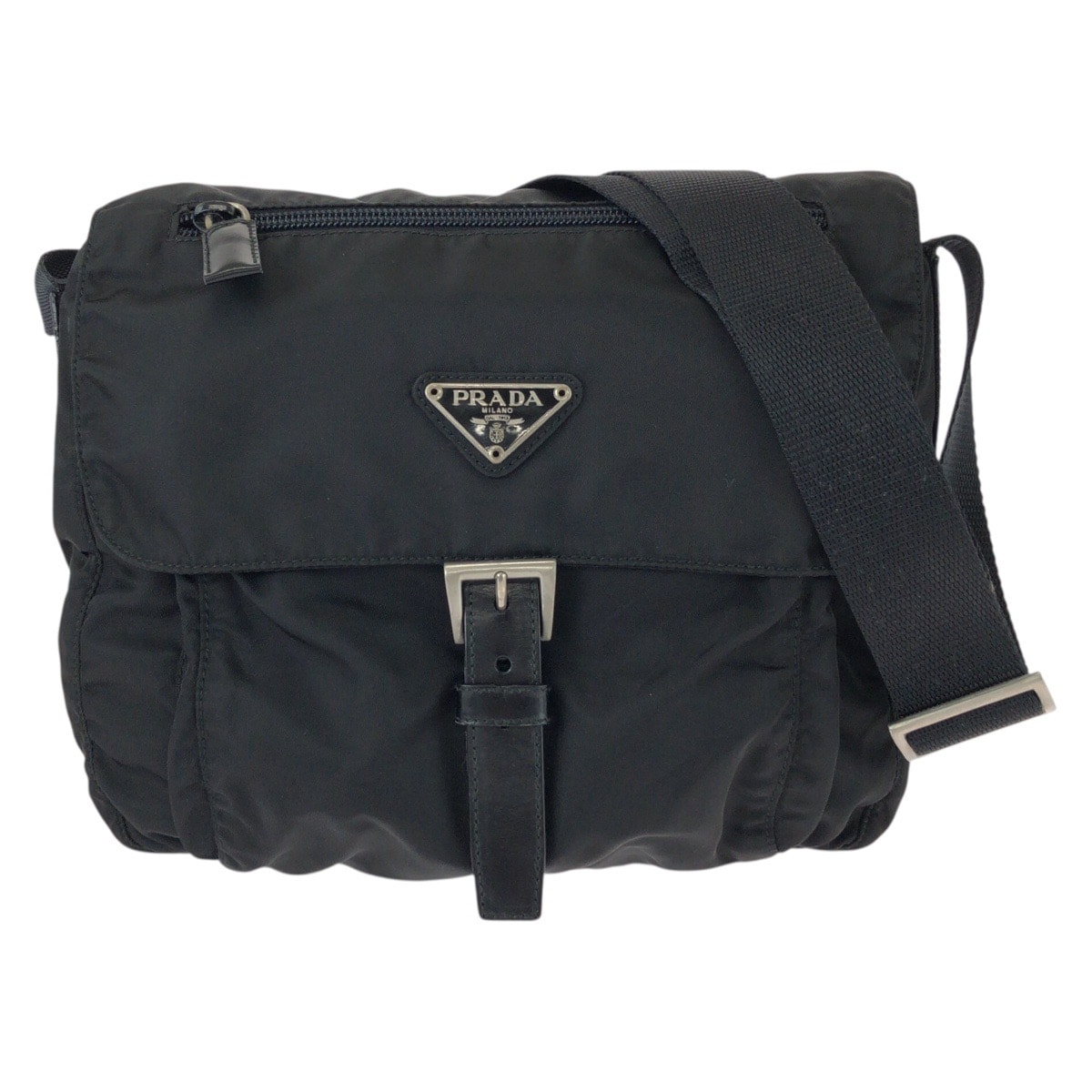 美品 PRADA プラダ テスート 三角ロゴプレート ブラック 黒 シルバー金具 ナイロン レザー/ ショルダーバッグ メッセンジャーバッグ 603795 【中古】
