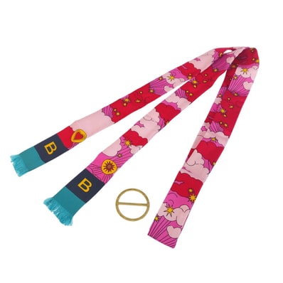美品 BVLGARI ブルガリ ピンク ブルー シルク メタル/ リボンスカーフ スカーフリング 1-0294741 【中古】