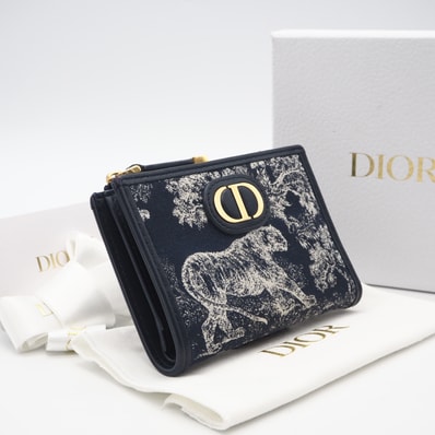 美品 Dior ディオール トワル ドゥ ジュイ リバース ジャカード 30 Montaigne Dahlia ウォレット S2197UNJR_M928 二つ折り財布 ネイビー ホワイト コットン レザー レディース