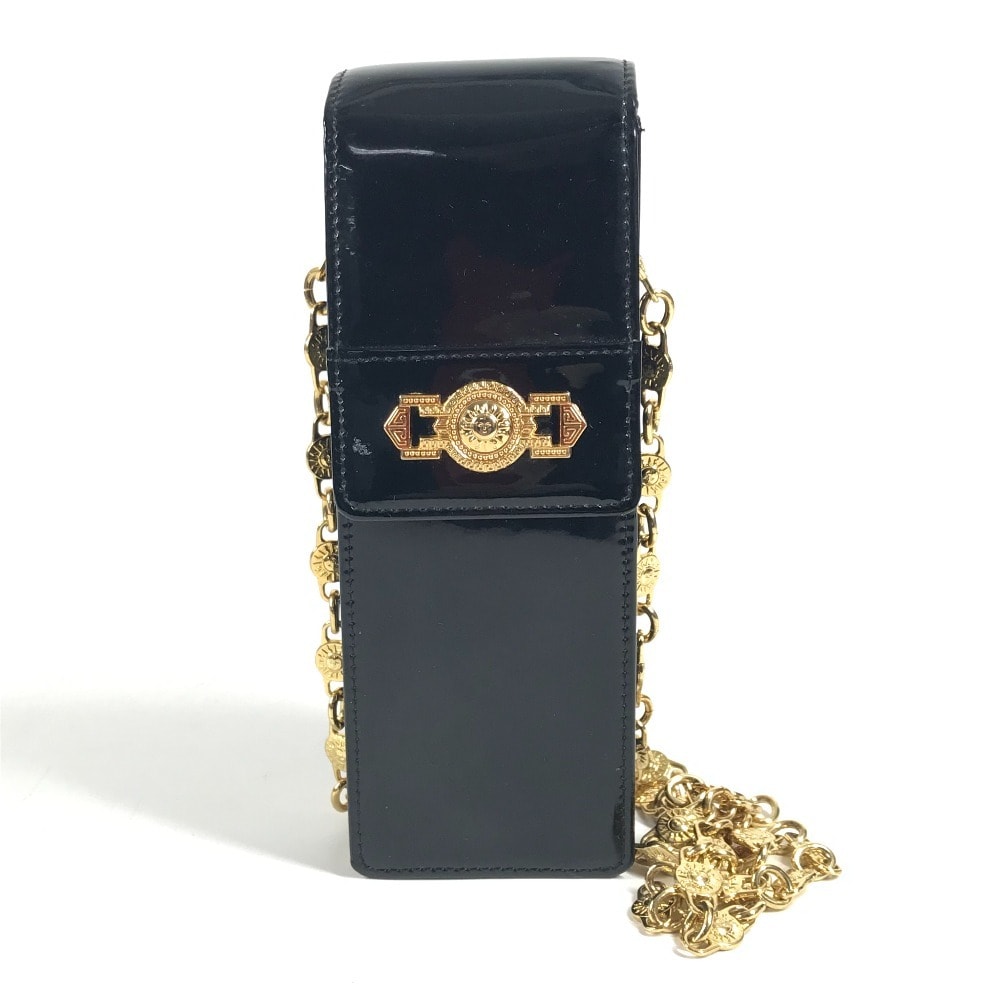 ヴェルサーチ VERSACE サンバースト ロゴ 携帯ポーチ ヴィンテージ カバン 斜め掛け ポシェット フラップ チェーンバッグ ショルダーバッグ エナメル ブラック
