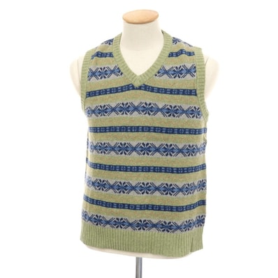 【中古】ビームスプラス BEAMS PLUS リネンコットン フェアアイル Vネック ニットベスト ライトグリーンxネイビー【サイズS】【メンズ】