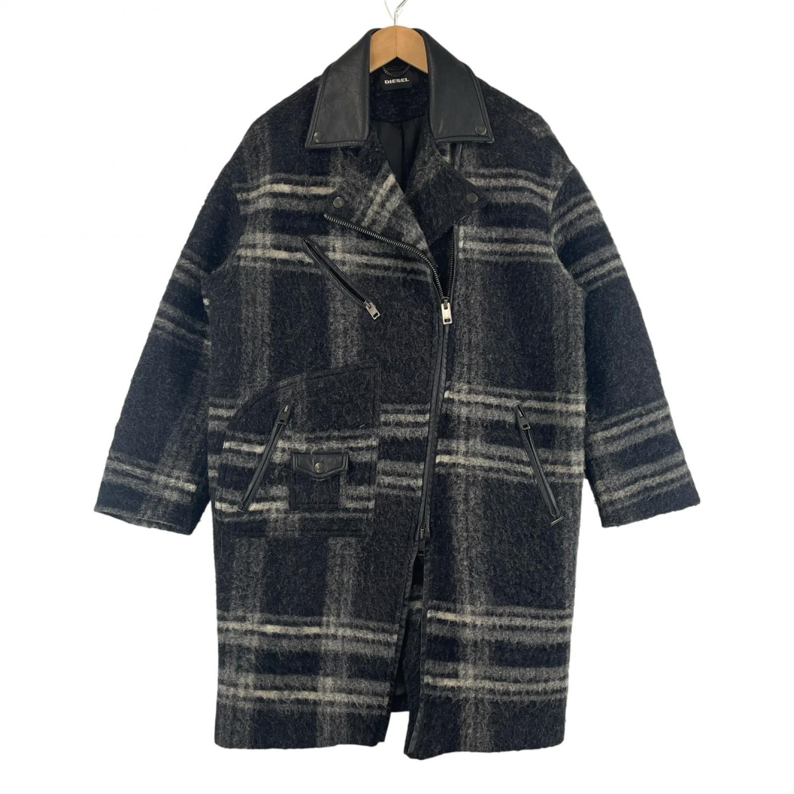美品 DIESEL ディーゼル ダブルライダース チェック 秋冬 AW コート ウール/レザー ブラック レディース XXS【古着】【中古】