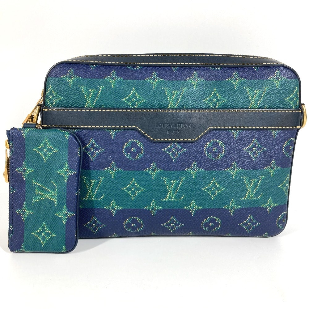 ルイヴィトン LOUIS VUITTON トリオ・メッセンジャー 大・小ポーチのみ M26026 2025LV FALL モノグラム・ヘリテージ ポーチ クラッチバッグ コインケース 財布 セカンドバッグ キャンバス ブルーストライプ グリーン 美品