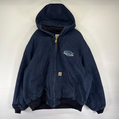 古着 カーハート Carhartt ダック ジャケット 中綿 アクティブジャケット フルジップ ワンポイント 2XL ネイビー系 メンズ