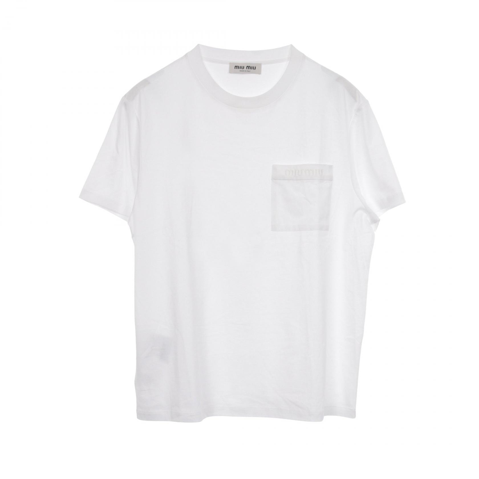 ミュウ ミュウ Miu Miu ロゴ刺繍 ポケット付き 半袖Tシャツ 衣料品 トップス コットン レディース ホワイト系 【中古】