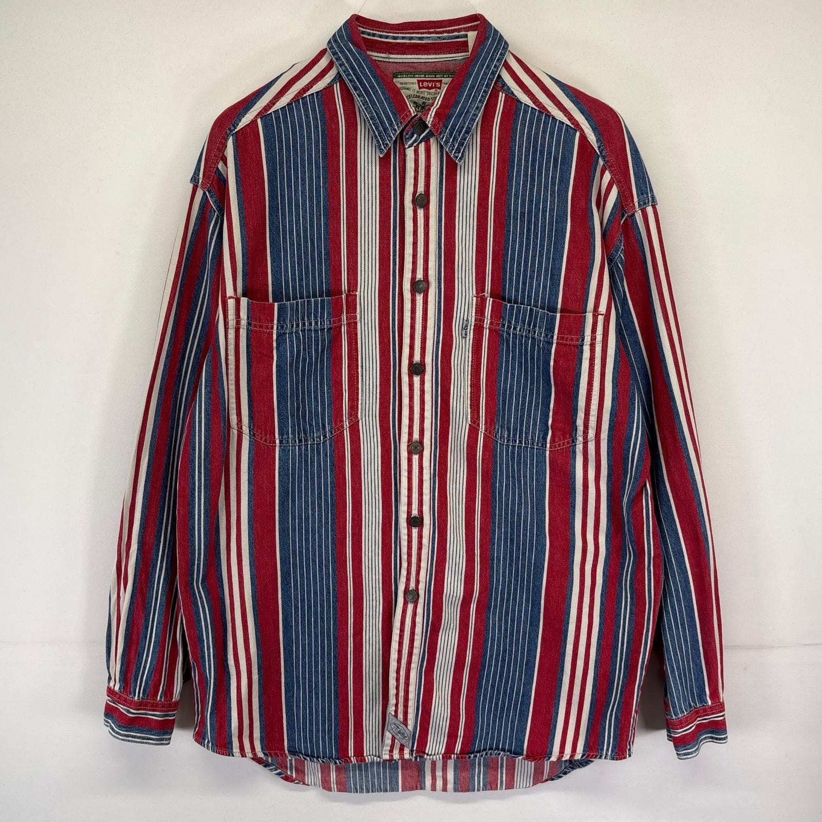 古着 90's/90年代 リーバイス Levi's 長袖シャツ デニムシャツ ストライプ 胸ポケット M レッド マルチカラー メンズ