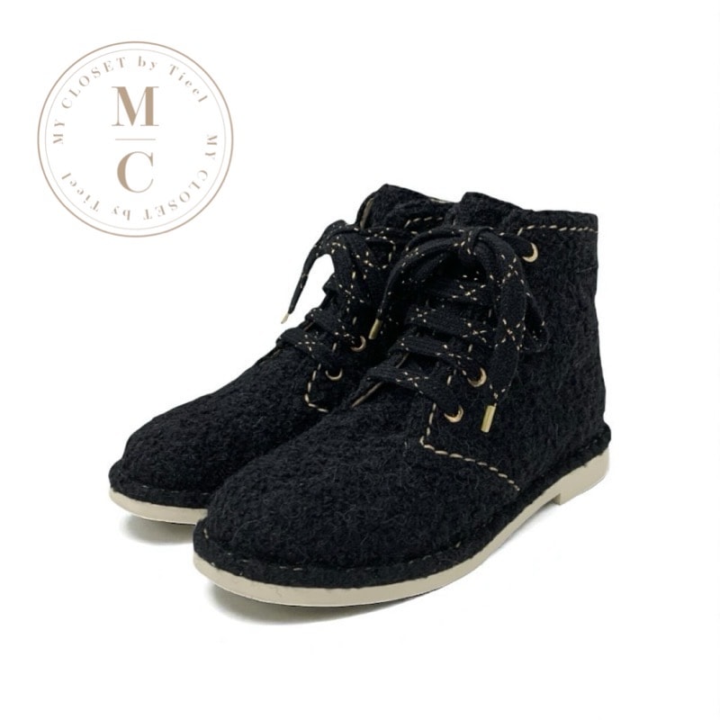 シャネル CHANEL ブーツ ショートブーツ 靴 シューズ ツイード ブラック ゴールド 黒 ココマーク レースアップ