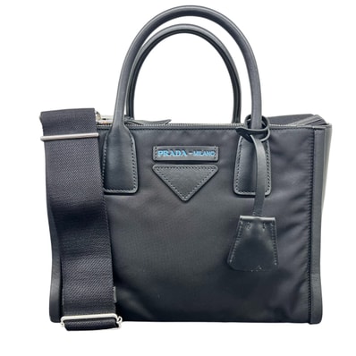 PRADA 極美品 プラダ ミラノ コンセプト トートバッグ 1BA175 2way トートバッグ ショルダーバッグ ナイロン レザー ブラック ブルー ハンドバッグ Aランク 鑑定済 中古 プラダバッグ