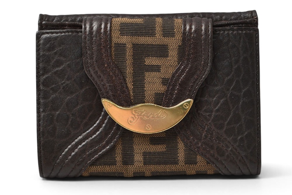 フェンディ 財布 FENDI 二つ折り財布 8M0160 ズッカ柄/ブラウン キャンバス レザー レディース【中古】