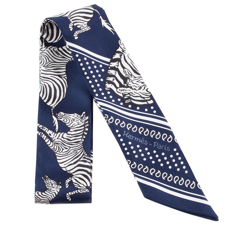 HERMES エルメス Les Zebres Bandana ゼブラ バンダナ 063265S 03 ツイリー スカーフ ネイビー ホワイト【中古】
