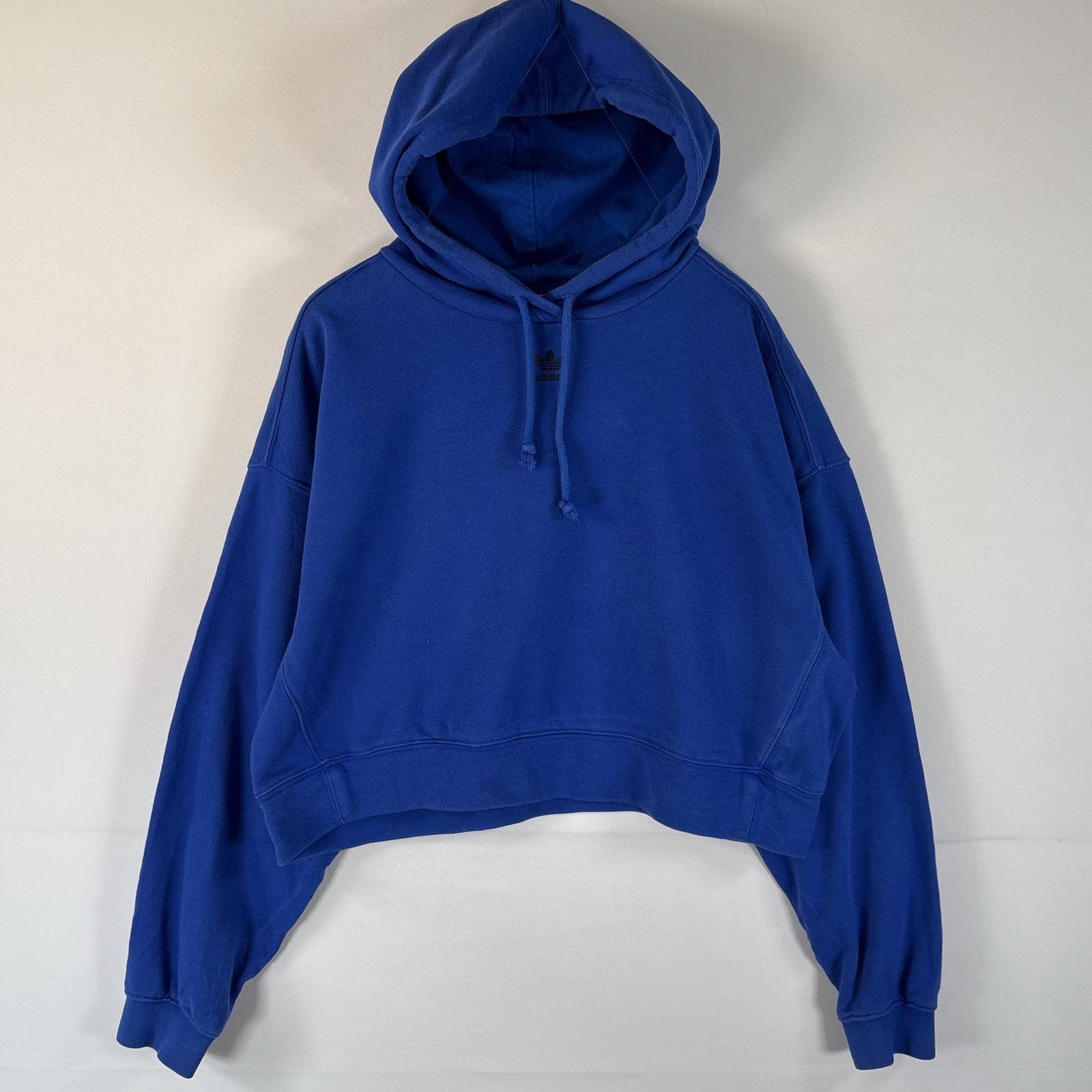 古着 アディダス adidas パーカー トレフォイルロゴ ワンポイント ショート丈 短丈 フーディ フード紐 2XOT  ブルー レディース