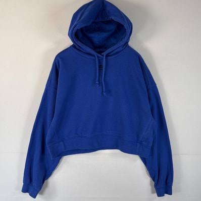 古着 アディダス adidas パーカー トレフォイルロゴ ワンポイント ショート丈 短丈 フーディ フード紐 2XOT ブルー レディース
