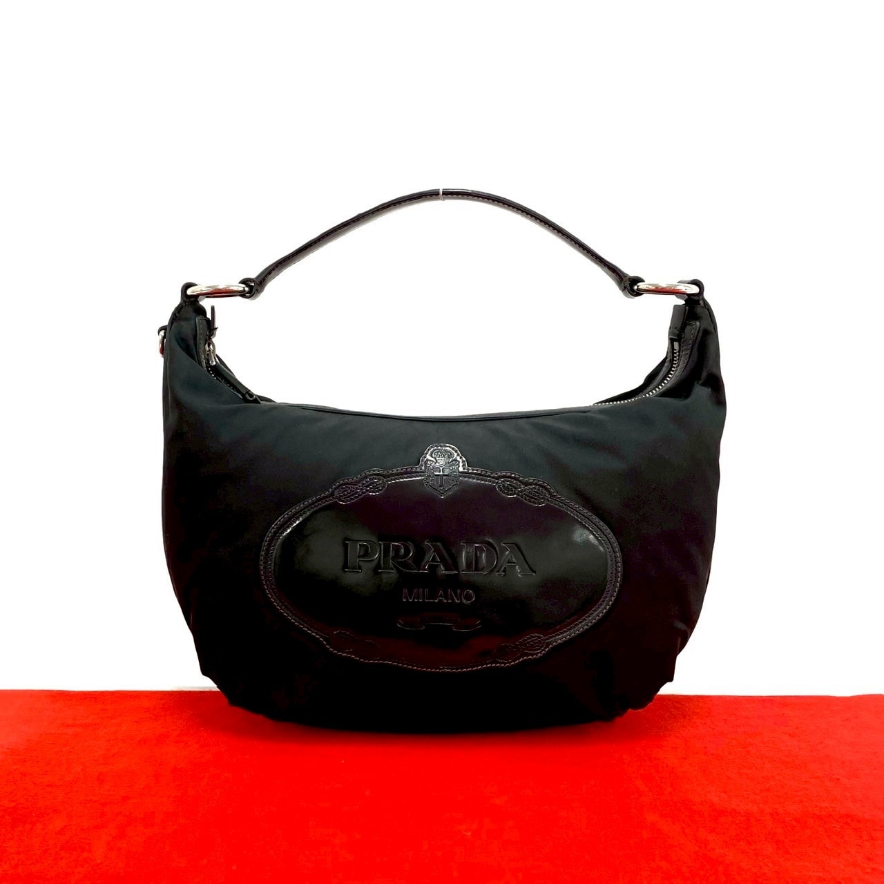 PRADA プラダ ロゴ 刻印 ナイロン パテントレザー ハンドバッグ ブラック
 25242