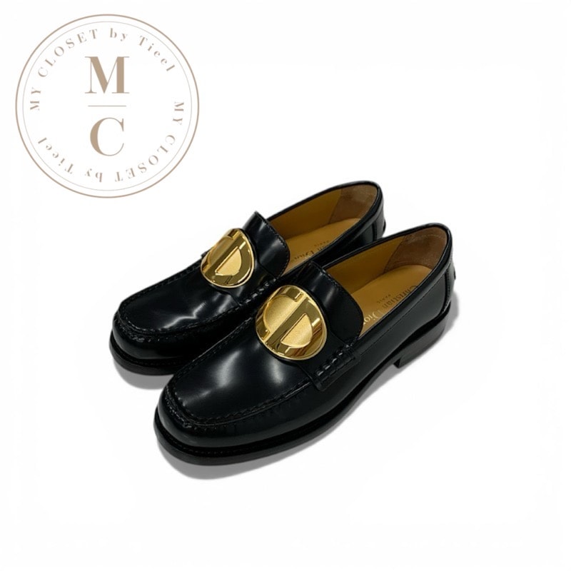 クリスチャンディオール CHRISTIAN DIOR Forever Dior ローファー 革靴 靴 シューズ レザー ブラック 黒 ゴールド CDロゴプレート フラットシューズ
