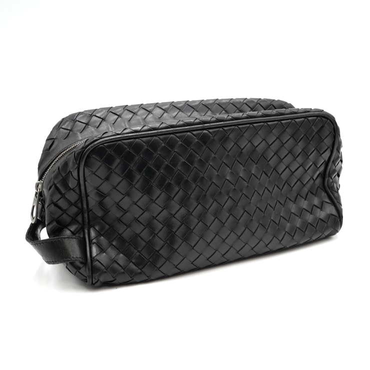 BOTTEGA VENETA(ボッテガ・ヴェネタ)イントレチャート セカンドバッグ クラッチバッグ トラベルポーチ ブラック 黒 編み込みレザー シルバー金具 ハンドル付き メンズ レディース【中古】