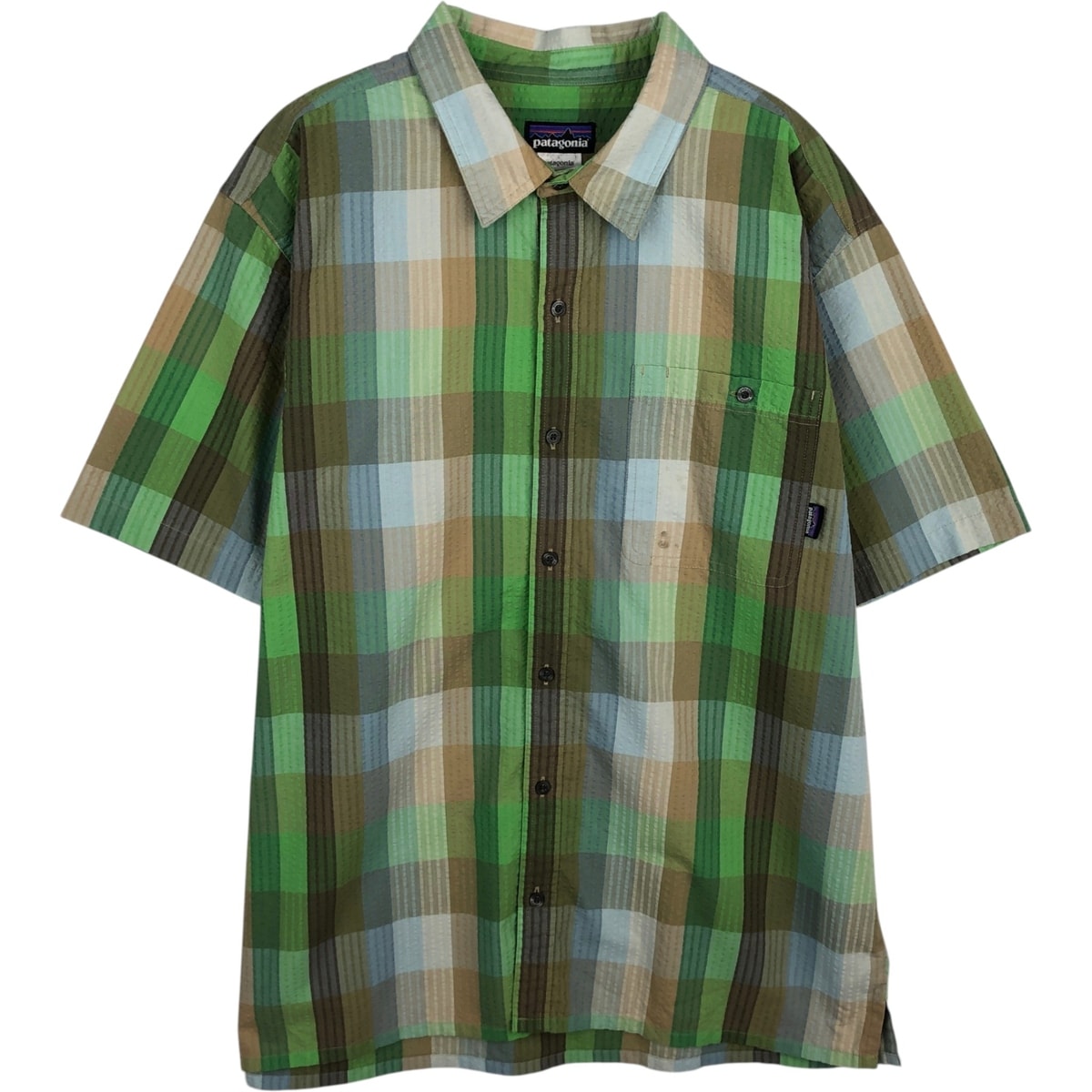 古着 パタゴニア Patagonia パッカーウェアシャツ 53002SP13 シアサッカー チェック柄 半袖 ポリシャツ ボックスシャツ メンズXL相当/eaa625514