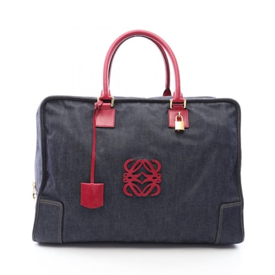 ロエベ LOEWE アマソナ50 ボストンバッグ バッグ デニム レザー レディース ネイビー系 / ボルドー系 【中古】