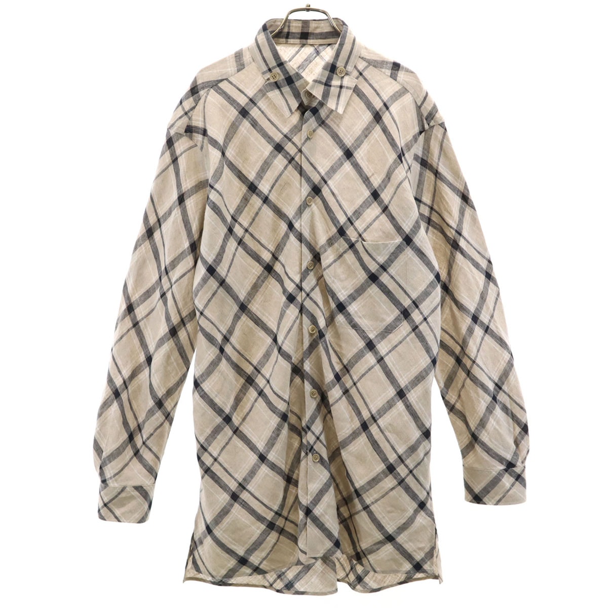 Y's BANG ON! ワイズ バングオン 日本製 リネン チェック柄 長袖 ロング シャツ 2 グレージュ ヨウジヤマモト