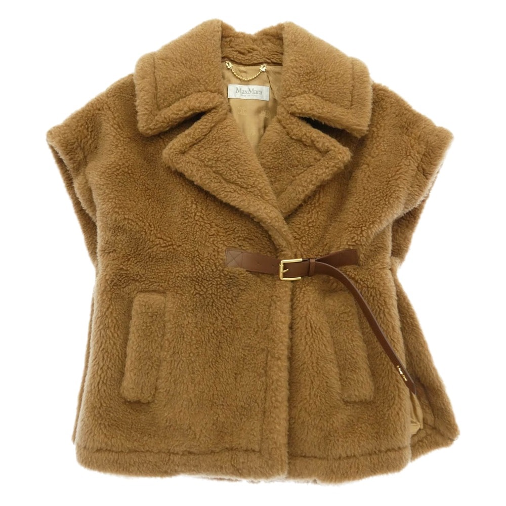 MAX MARA マックスマーラ 25AW NEWABAVO Camel ニューアバボ キャメル テディベア ケープ ファー ボア アウター コート ライトブラウン系 ML 170/92A【美品】【中古】