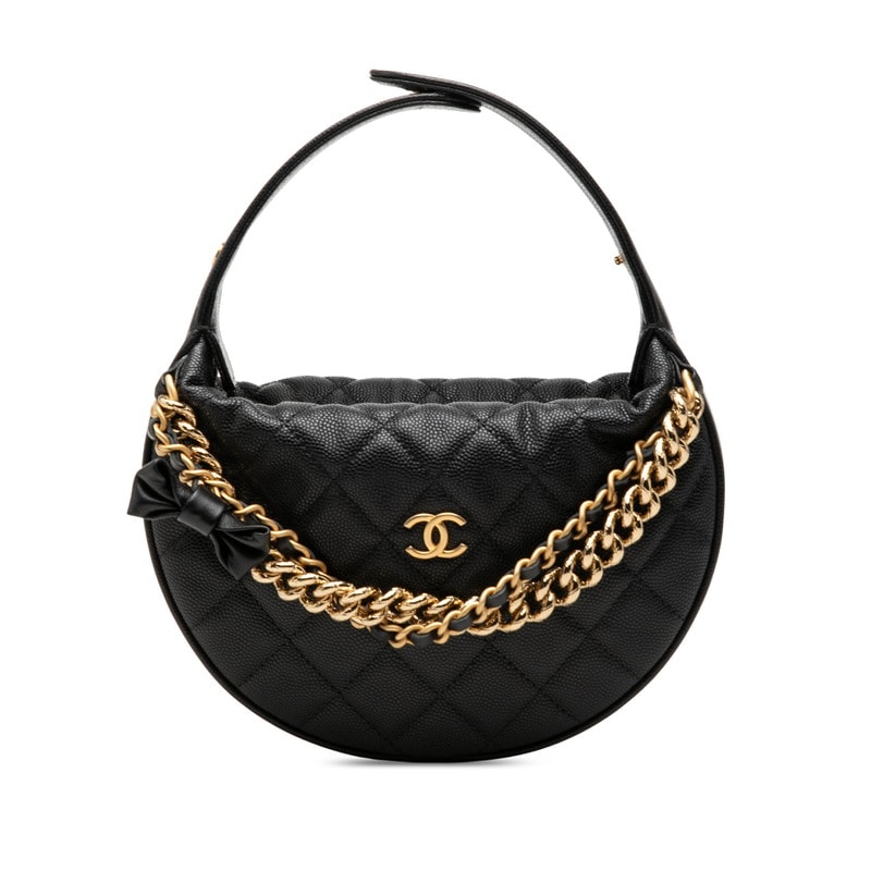 シャネル ココマーク マトラッセ ミニ ホーボー ハンドバッグ リボン チェーン ブラック キャビアスキン レディース CHANEL 【中古】