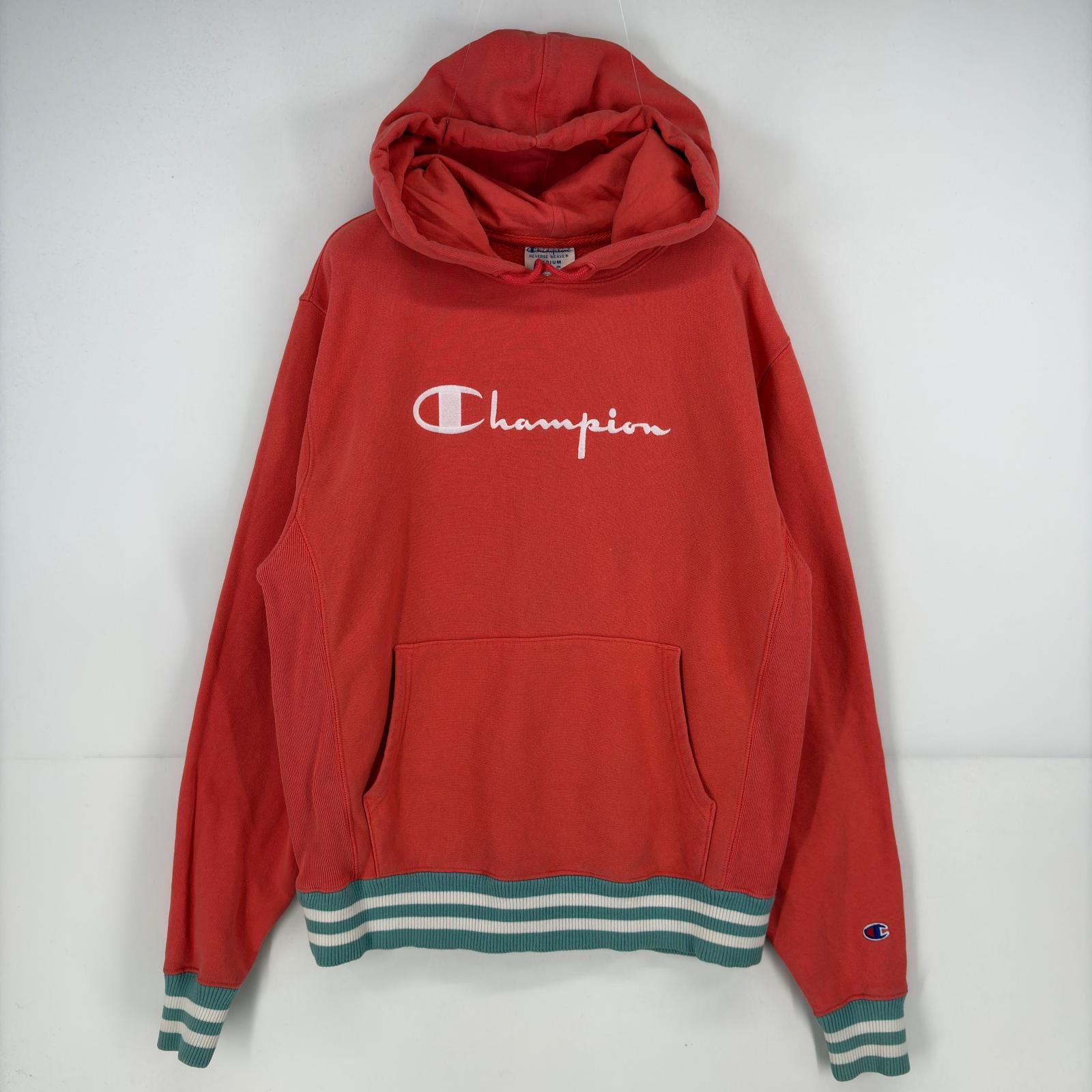 古着 チャンピオン Champion スウェット パーカー 刺繍 リバースウィーブ 袖ボーダー プルオーバー ロゴ M  オレンジ系 無地 メンズ