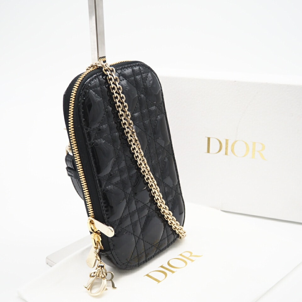 極美品 Dior ディオール パテントカーフスキン Lady Dior Call'in Dior フォンホルダー S0872OVRB 2wayショルダーバッグ ブラック カーフレザー レディース