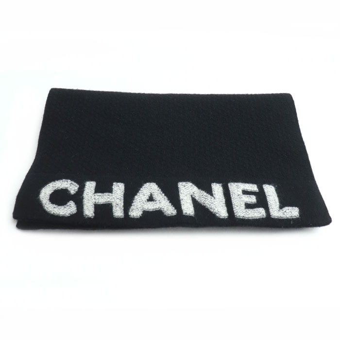 やや傷や汚れあり】CHANEL シャネル ロゴ マフラー ブラック ウール 70  