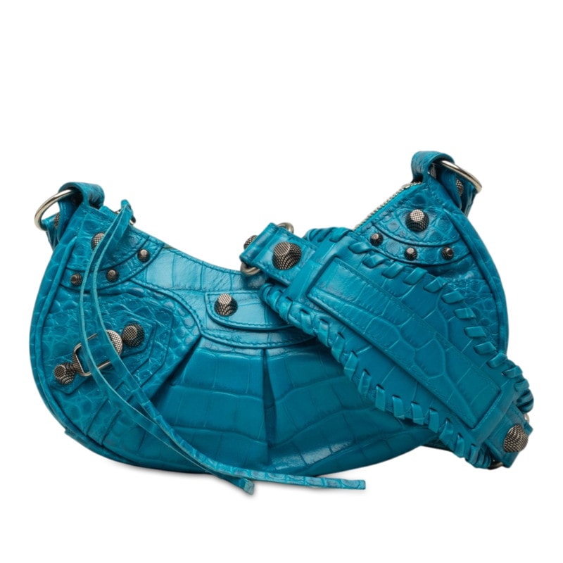 バレンシアガ ル カゴール XS ミニ 斜め掛け ショルダーバッグ クロコ型押し 671309 ブルー レザー レディース BALENCIAGA 中古