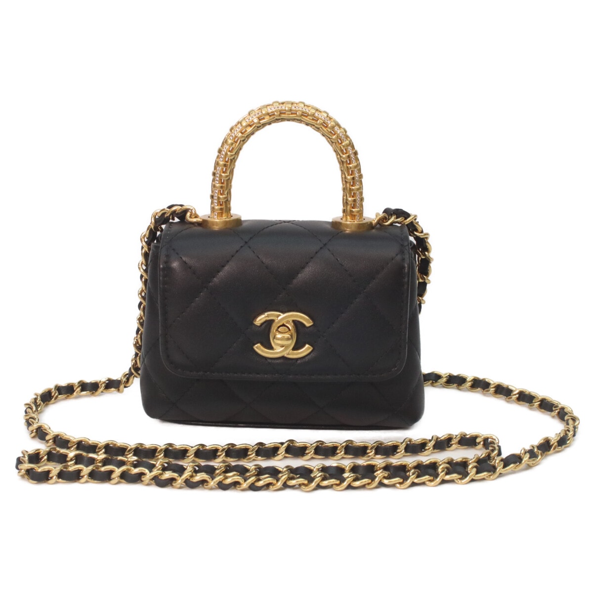 シャネル AP4245 黒 ラムスキン ゴールドトップハンドル フラップバッグ マイクロ ココハンドル