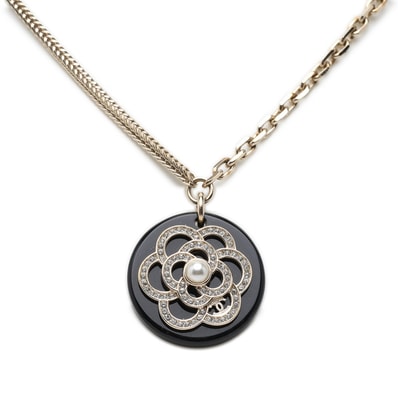 シャネル カメリア ココマーク チェーン ネックレス ゴールド ブラック メッキ フェイクパール ラインストーン レディース CHANEL 【中古】