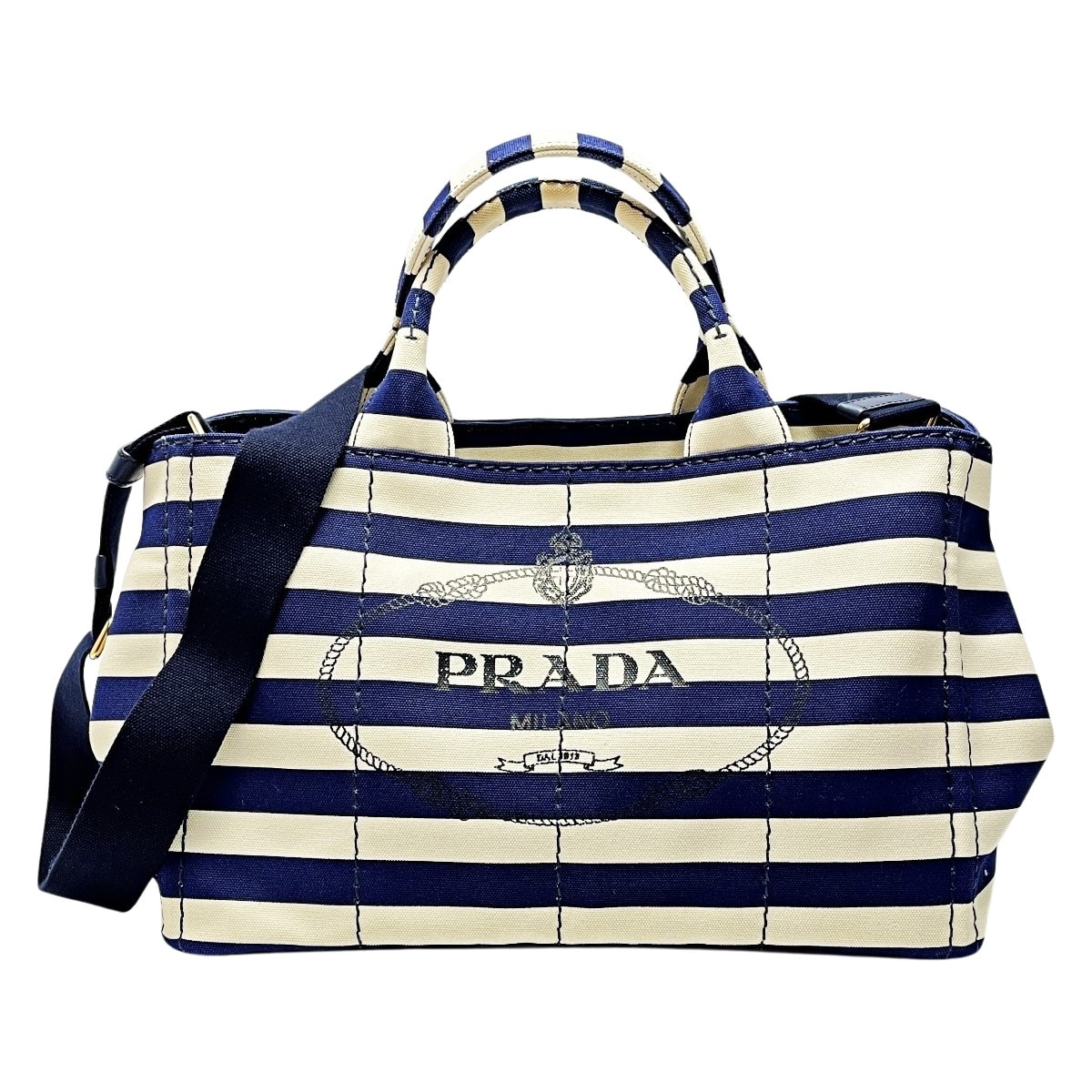 PRADA プラダ カナパ B2642B ネイビー×アイボリー ショルダーバッグ トートバッグ キャンバス レディース ギャランティ・布袋有