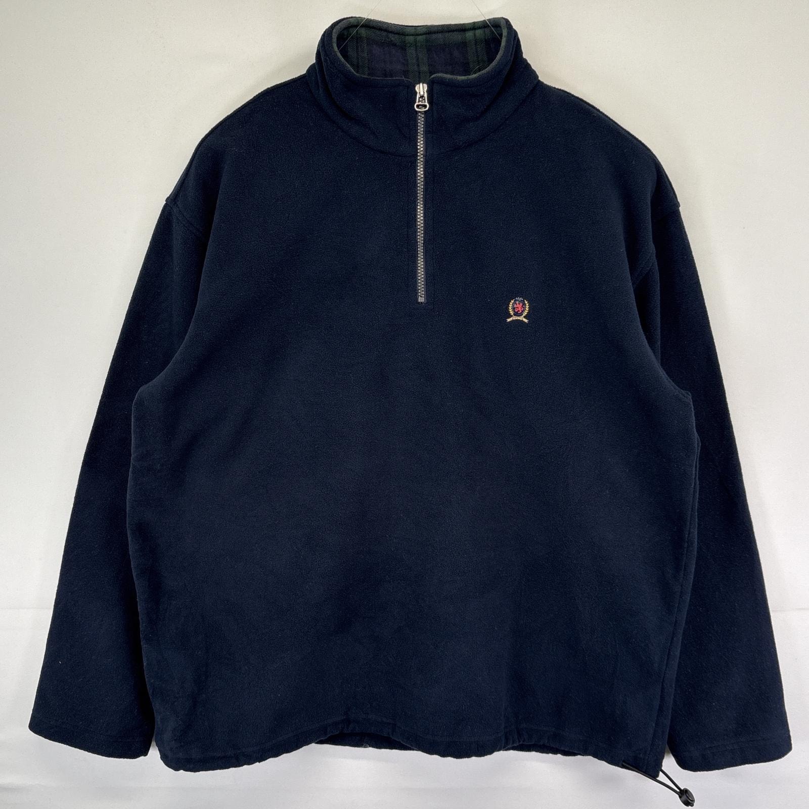 古着 トミーヒルフィガー TOMMY HILFIGER フリーストレーナー ハーフジップ 大きいサイズ ワンポイントロゴ プルオーバー  XL  ネイビー メンズ