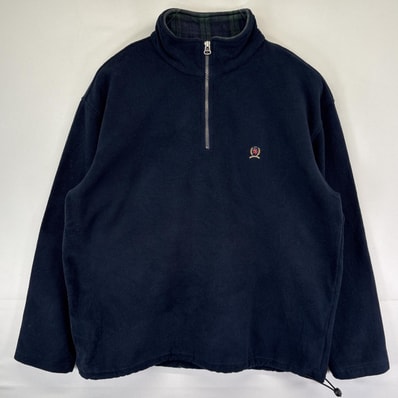 古着 トミーヒルフィガー TOMMY HILFIGER フリーストレーナー ハーフジップ 大きいサイズ ワンポイントロゴ プルオーバー XL ネイビー メンズ