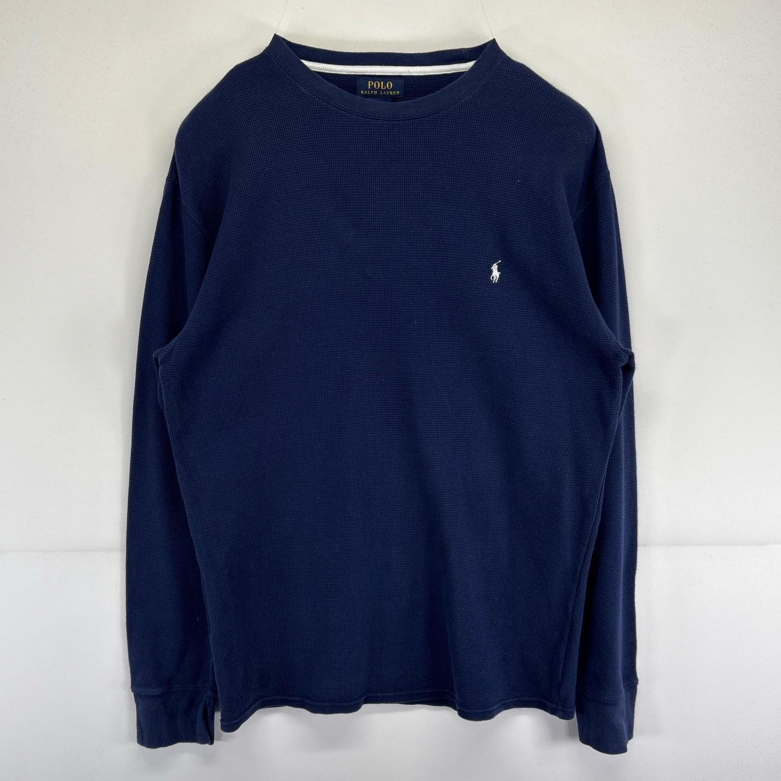 古着 ポロ・ラルフローレン POLO RALPH LAUREN 長袖Tシャツ 大きいサイズ サーマル ワッフル生地 ワンポイントロゴ刺繍 クルーネック XL  ネイビー メンズ