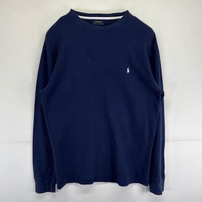 古着 ポロ・ラルフローレン POLO RALPH LAUREN 長袖Tシャツ 大きいサイズ サーマル ワッフル生地 ワンポイントロゴ刺繍 クルーネック XL ネイビー メンズ