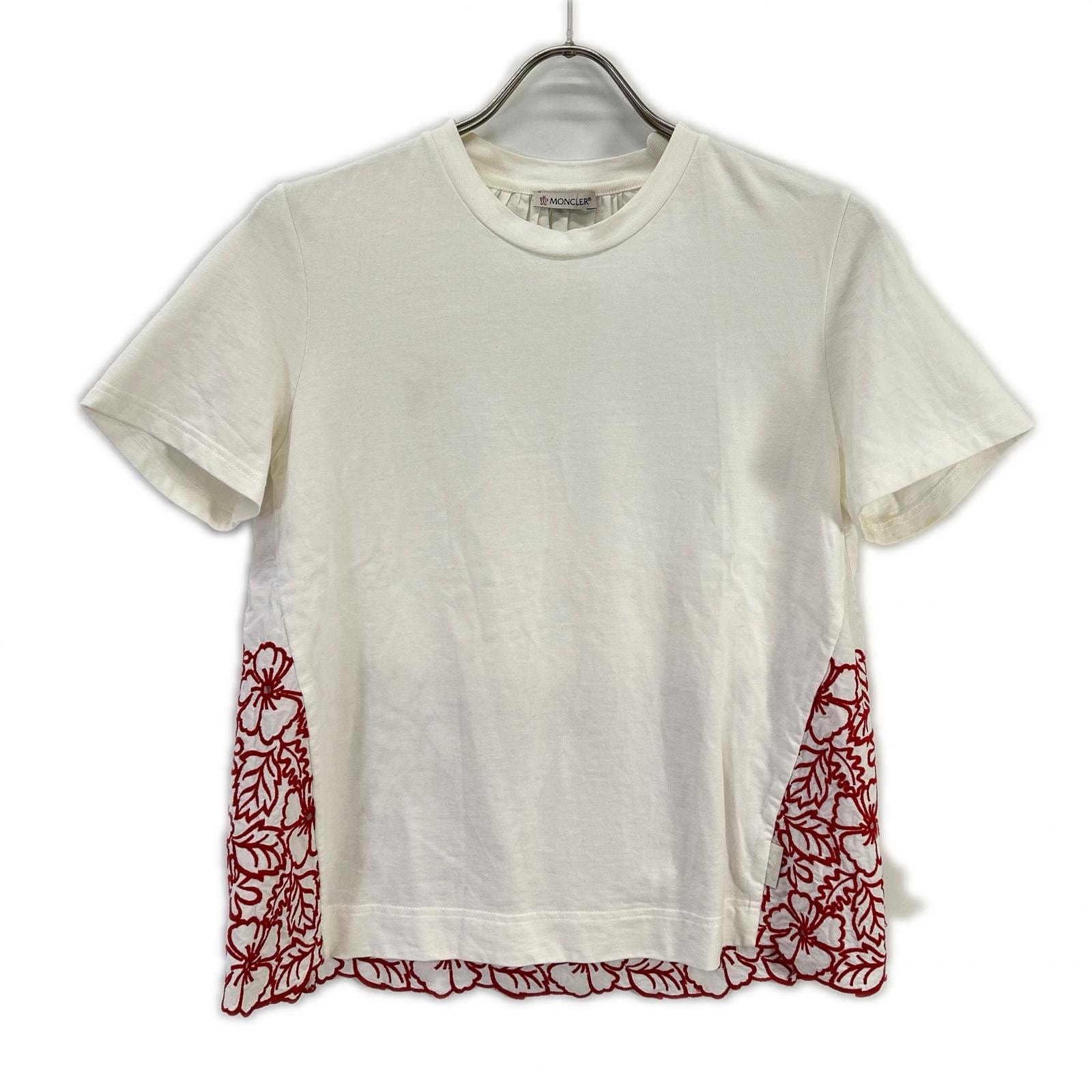 モンクレール 17年製 MAGLIA ホワイト×レッド コットン フラワー刺繍 ショルダージップ ショートスリーブカットソー M