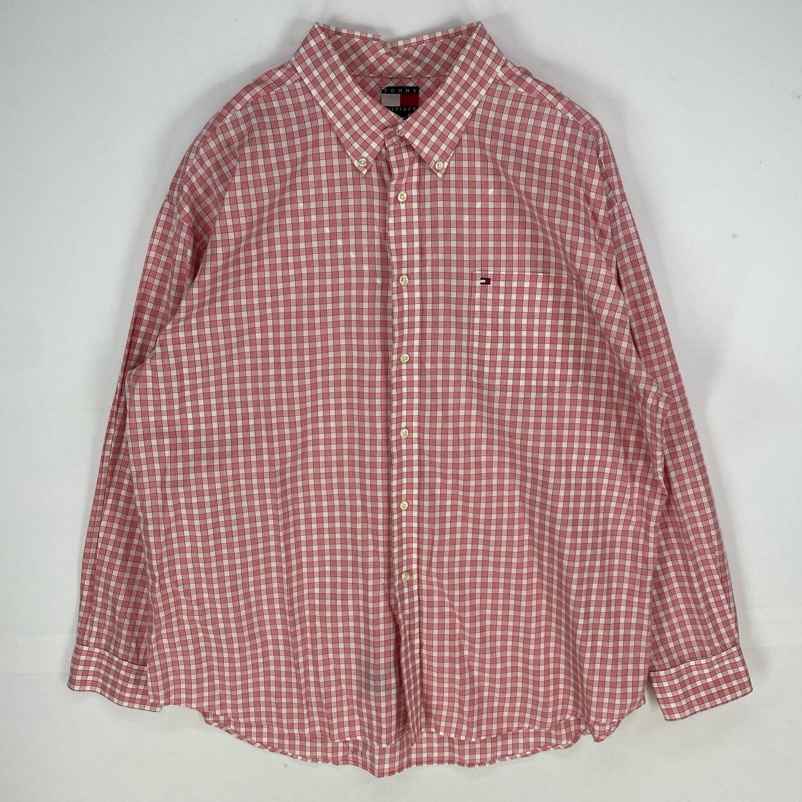 古着 トミーヒルフィガー TOMMY HILFIGER 長袖シャツ 胸ポケット ボタンダウン 刺繍ロゴ ワンポイント 2XL  レッド系 チェック メンズ