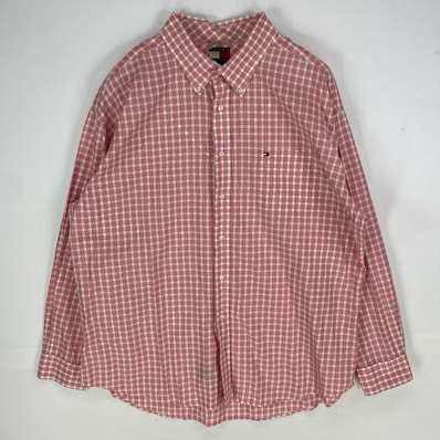 古着 トミーヒルフィガー TOMMY HILFIGER 長袖シャツ 胸ポケット ボタンダウン 刺繍ロゴ ワンポイント 2XL レッド系 チェック メンズ