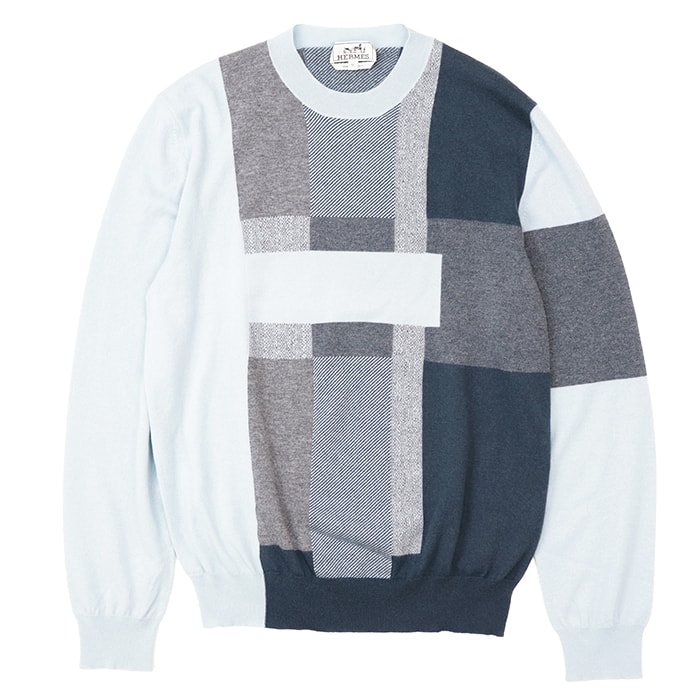 【極美品】HERMES エルメス 長袖ニット サイズ M メンズ カシミヤ100% パッチワーク クルーネック ロングスリーブ トップス 箱付属 ブルー系 青 イタリア製