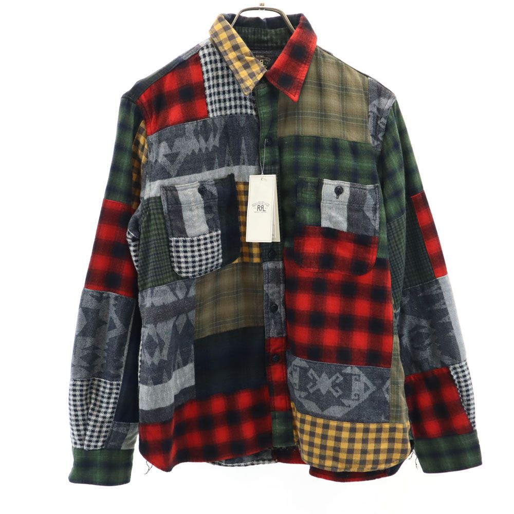 未使用 RRL ダブルアールエル チェック柄 長袖 パッチワーク ネルシャツ 3 カーキ 他 クレイジーパターン