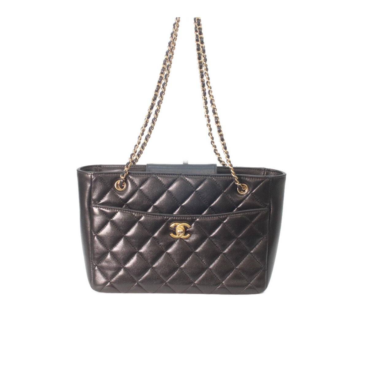 シャネル AS5215 黒 シャイニーラムスキン ゴールド金具 スモールショッピングトート