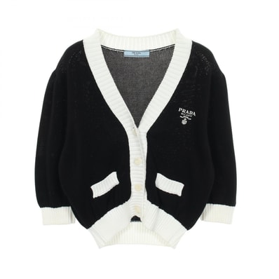 プラダ PRADA ロゴ刺繍 カーディガン 衣料品 トップス コットン レディース ブラック系 / ホワイト系 P25I04 【中古】