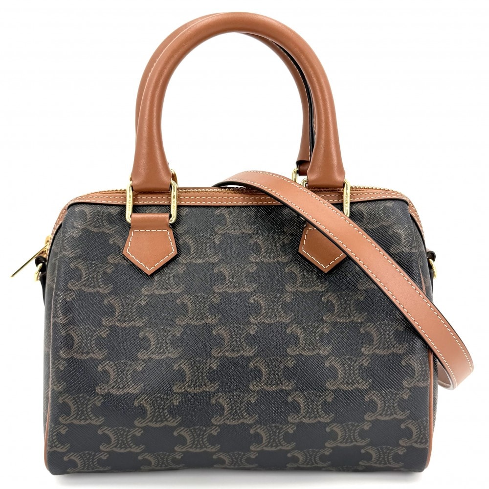 CELINE セリーヌ 2WAY 斜め掛け トリオンフ ハンドバッグ ショルダーバッグ ミニボストン レザー    ブラウン 茶 ゴールド金具 レディース 美品【中古品】