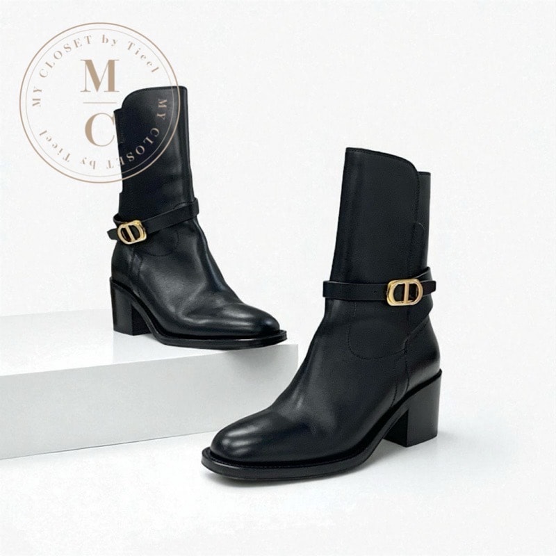 クリスチャンディオール CHRISTIAN DIOR DIOR EMPREINTE ブーツ ショートブーツ 靴 シューズ レザー ブラック 黒 ゴールド ベルト ロゴ