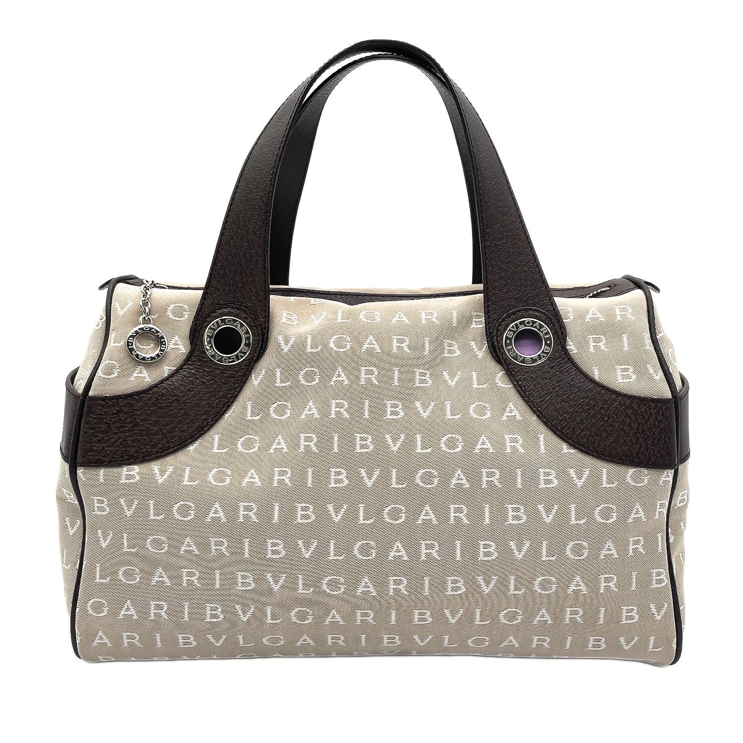 BVLGARI ブルガリ ロゴマニア ロゴ 総柄 ハンドバッグ
 ミニボストン キャンバス レザー ベージュ レディース
 【中古】