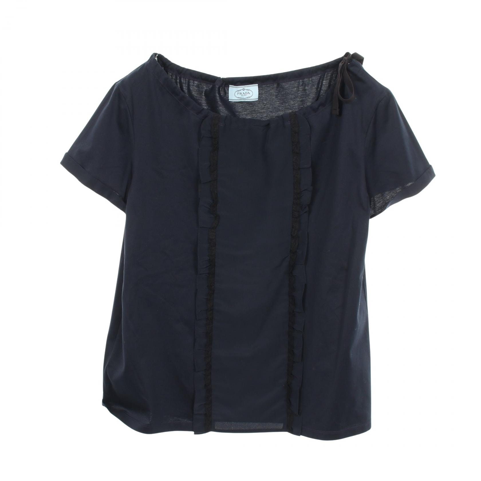 プラダ PRADA フリル切替 カットソー 衣料品 トップス コットン レディース ネイビー系 【中古】