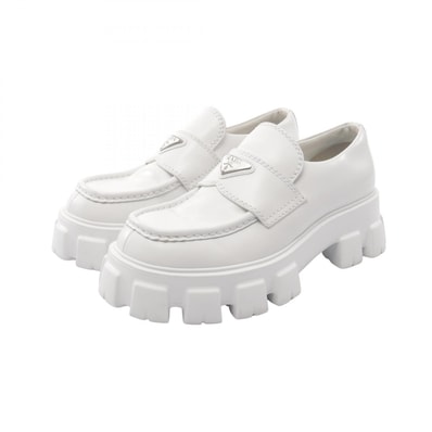プラダ PRADA モノリス 三角プレート ローファー 靴 レザー メンズ ホワイト系 【中古】